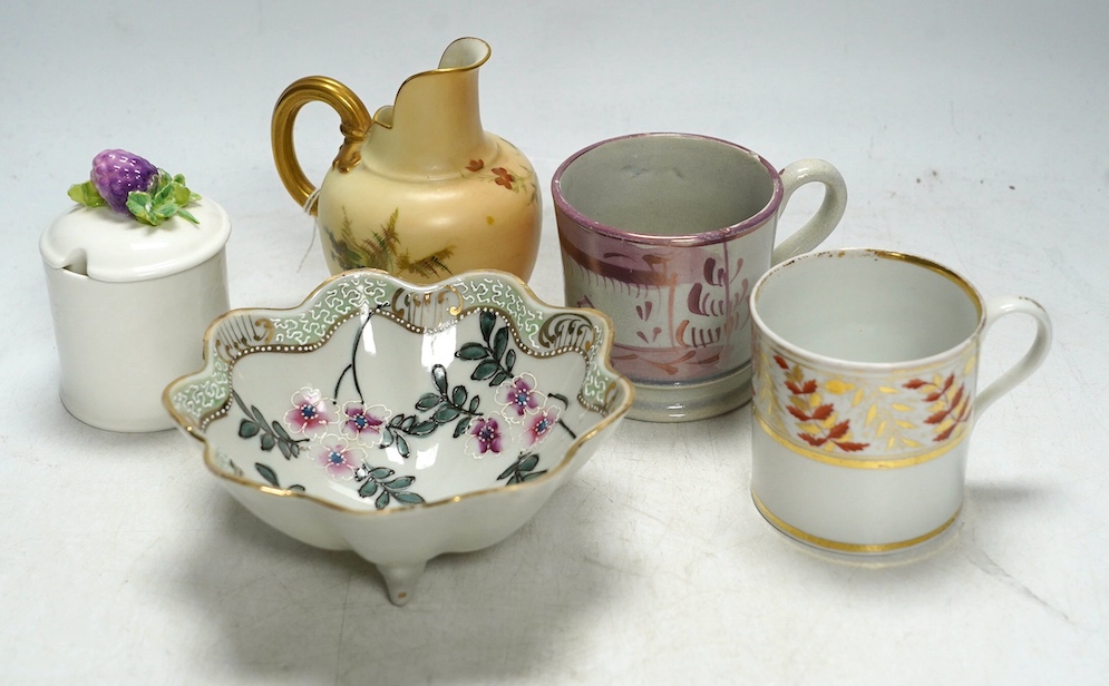 A small Royal Worcester ewer decorated with roses on a blush ground, Royal Crown Derby Imari coffee cans and saucers, etc. largest 12cm wide (Qty). Condition - varies